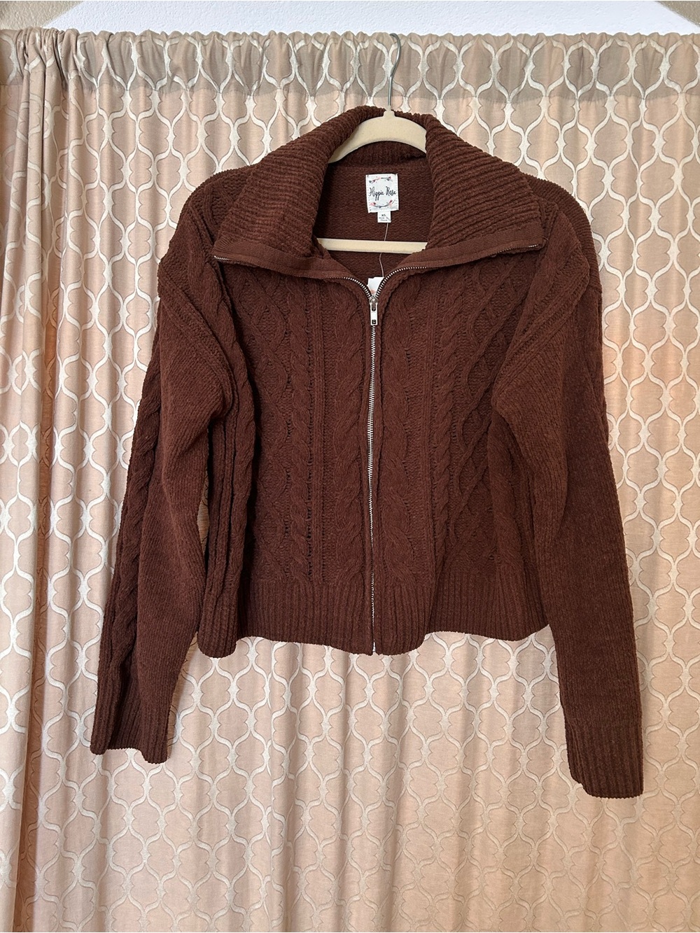 Hippie Rose Cozy Zip-Front Cable Knit Sweater Jacket - Brown